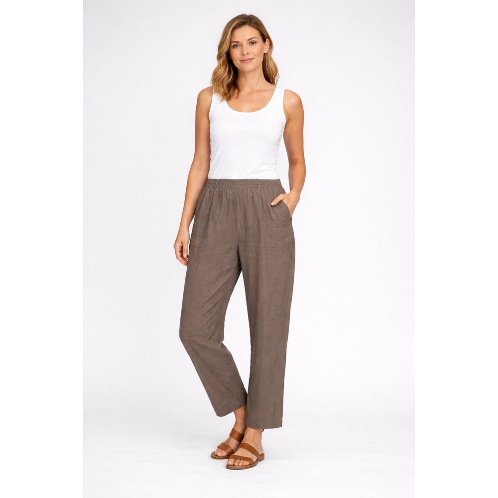 Just LivingTaupe Linen Blend Pull On Pants Women L Elastic Waist Casual Wide Leg